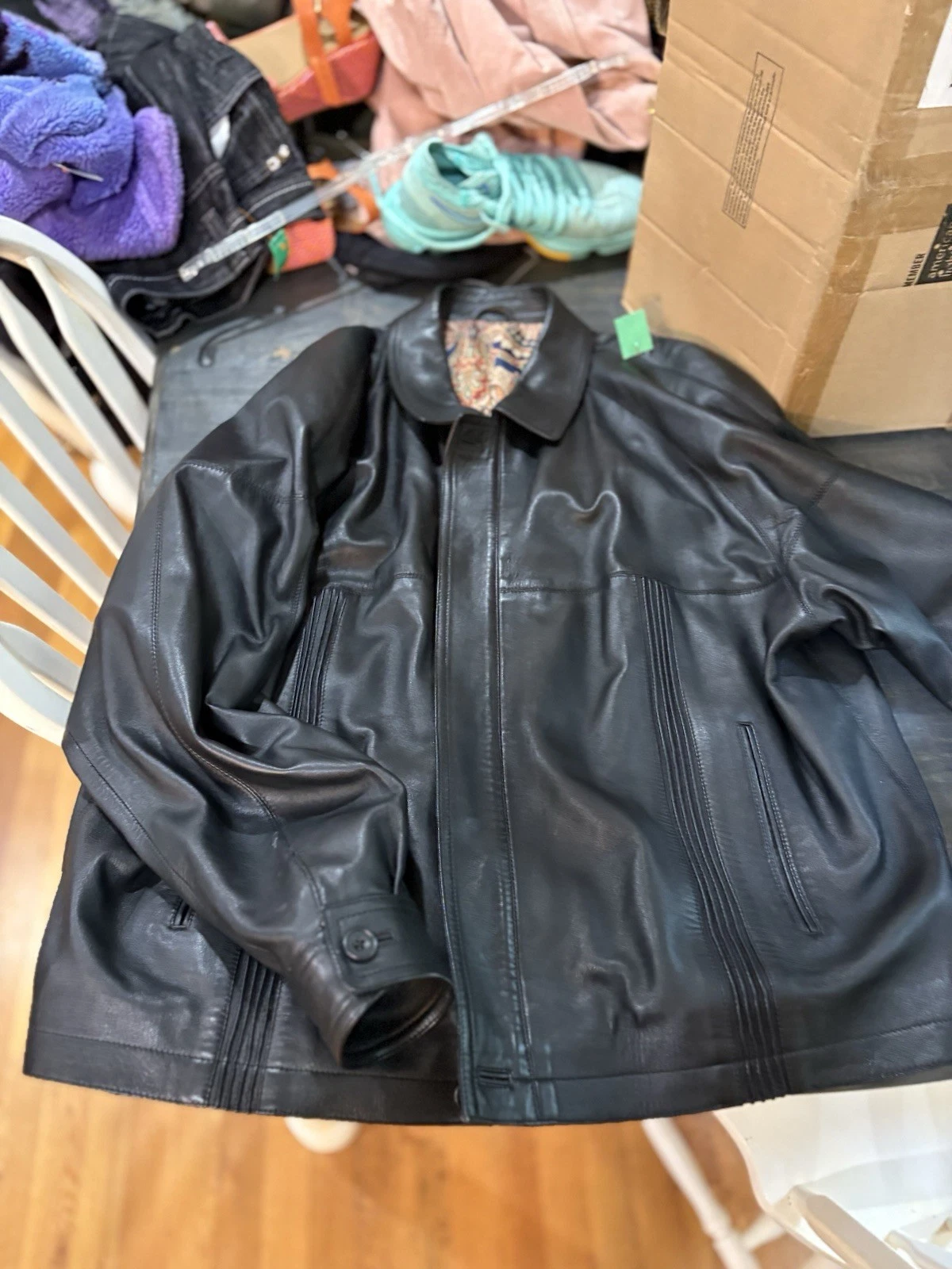STUNNING Bullock & Jones Soft Black Leather Paisley Silk Lined Coat 48 XXL image 1