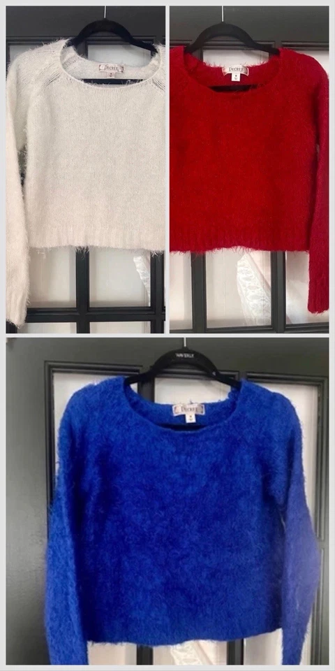 🩷Y2K DECREE M Suéteres Cortos Difusos Brillo Tejido Top Rojo Azul Blanco Conjunto de 3 Foto 2 de 4