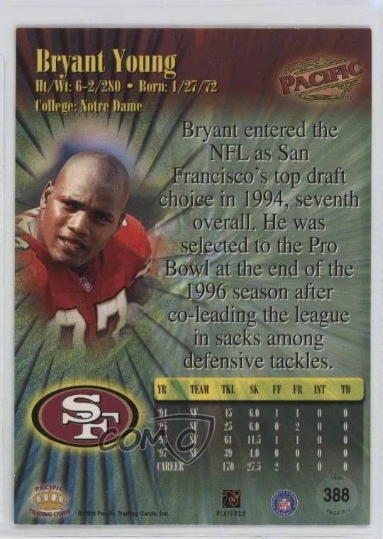 1998 Pacific Bryant Young #388 HOF - Image 2 of 2