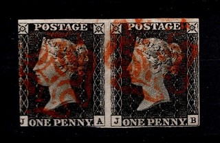 GB QV 1d Blacks Conjoined Pair J A J B (Penny Black) Used
