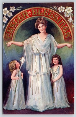 Easter Blessings In Red Gold Arc~Lady~Girls~Calla Lilies~c1910 Vintage Postcard