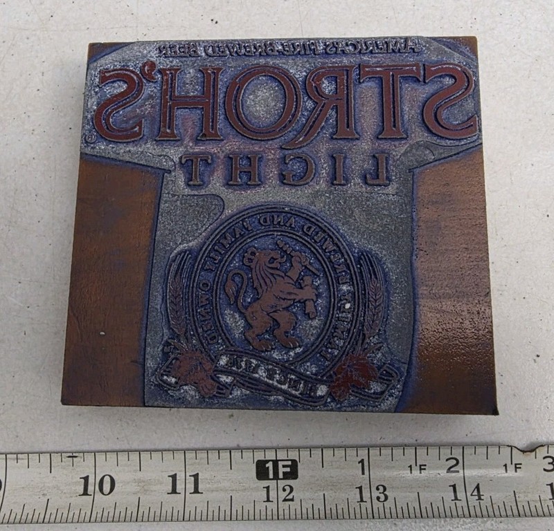 Vintage Letterpress Printing Block Stroh's Light Beer Advertising Logo
