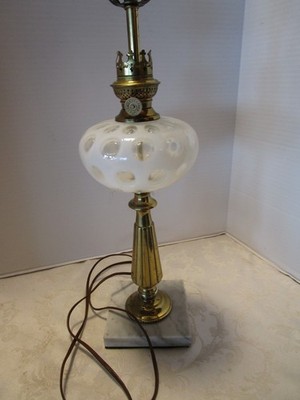 Antique BRASS Kosmos Brenner Kerosene Lamp to Electric Coin Glass Font 27.75'' T
