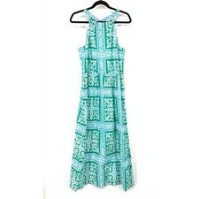 Talbots Halter Neck Sleeveless Maxi Dress Womens Size 10 Blue Green Print A-Line