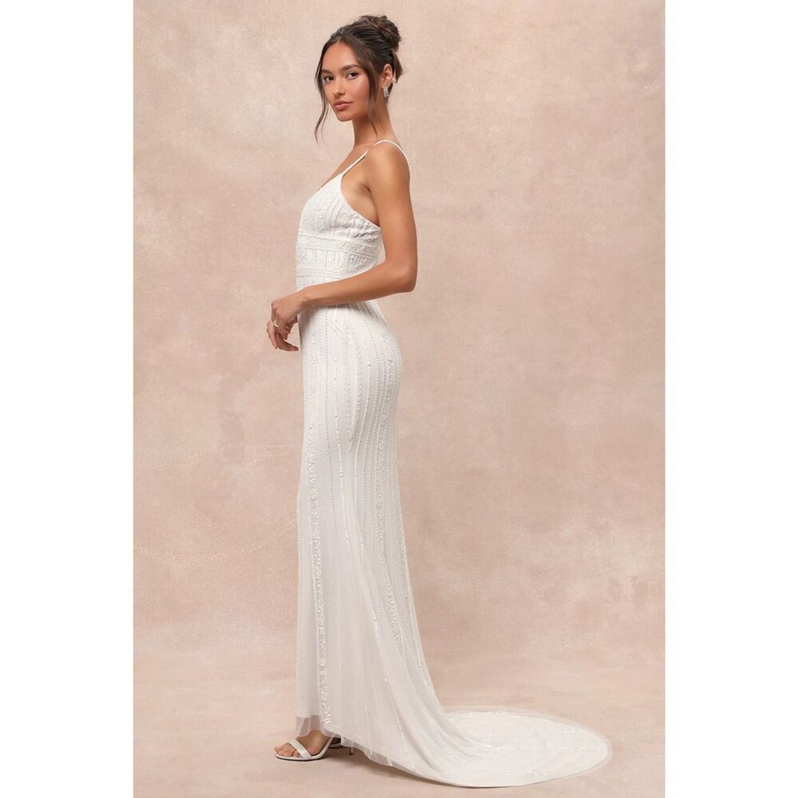 Lulus Luxe Stunning Vow White Beaded Sequin Maxi Dress Size L NWT Wedding image 3