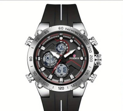 FOXBOX Herren Digital Chronograph Uhr Silikon band Schwarz NEU