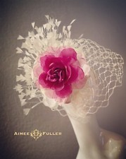 Kentucky Derby Fascinator White Cream Ascot Hat Fuchsia Pink Rose Del Mar Hat