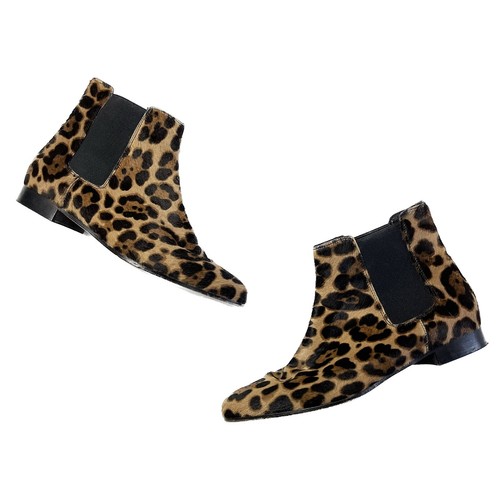 J Crew Collection 8 Leather Animal Print Calf Hair Chelsea Ankle Boot Black Tan - Picture 2 of 8