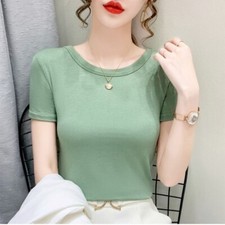 Women Slim Short Sleeve Shirt Ribbed Tee Round Neck Blouse Stretch Undershirt