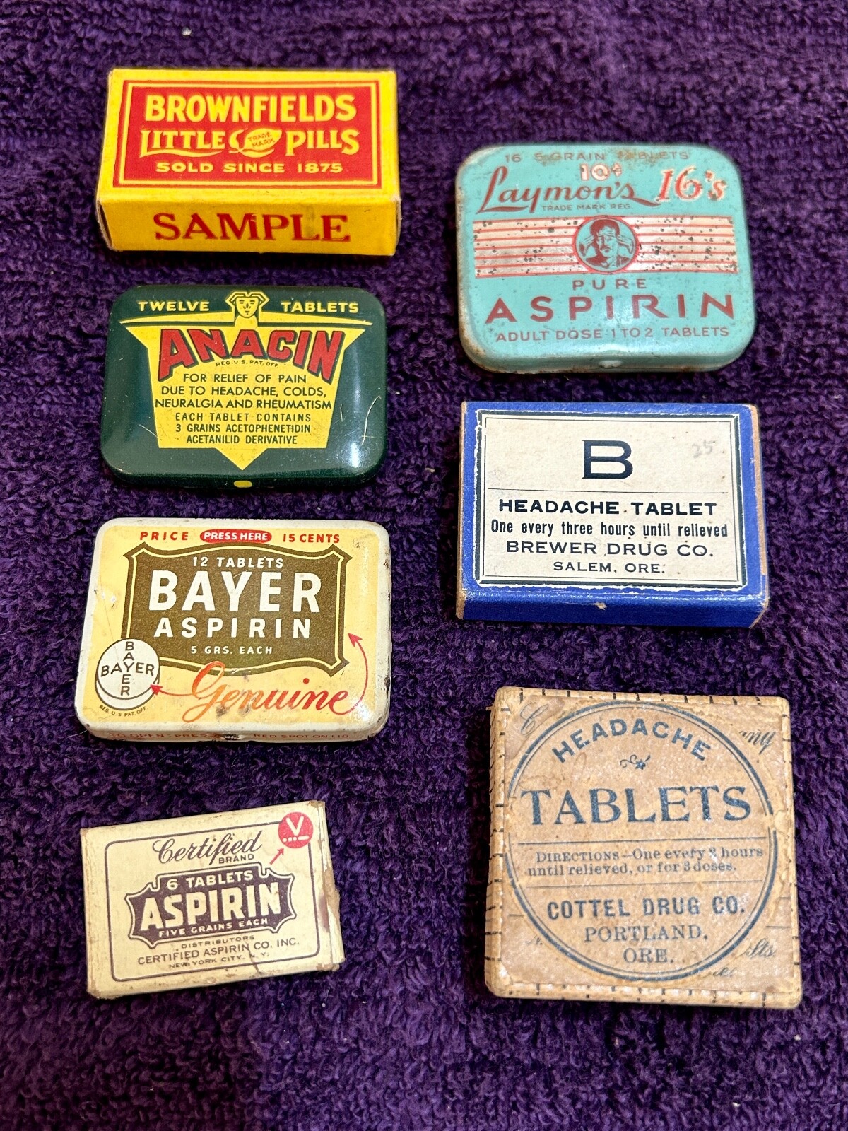 Vintage Aspirin Tins & Headache Tablet Box Laymon's, Anacin, Certified
