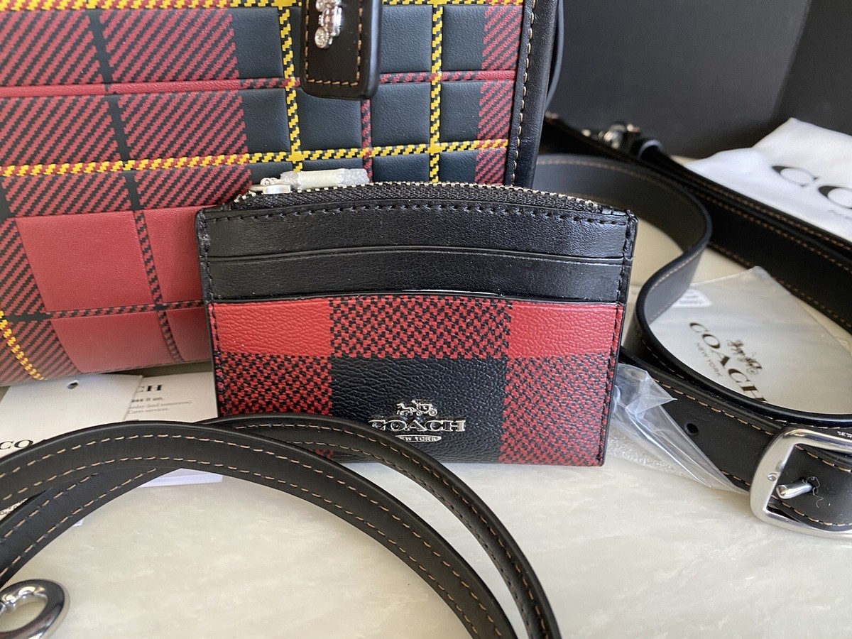 COACH RED CHERRY/MULTI PLAID LEATHER ROGUE 20 + MATCHING CARD CASE