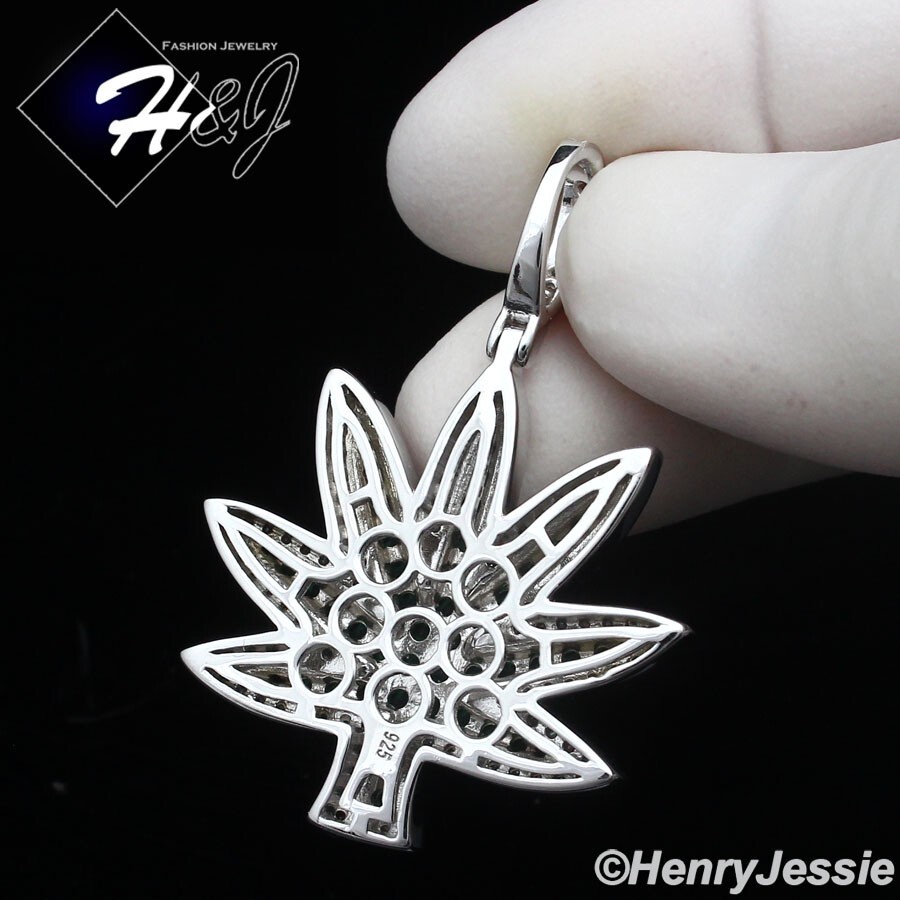 MEN SOLID 925 STERLING SILVER ICY BLING CZ 3D GREEN MARIJUANA LEAF
