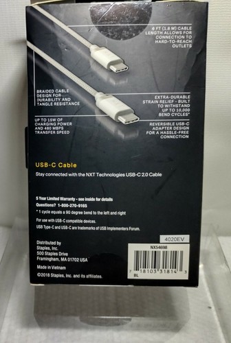 ⚡ USB-C Cable NXT Technologies Technologies 6 Ft. Braided White Wire NX54698 ©️ - Picture 3 of 5