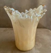 Handblown fluted edge amber blown glass vase handmade 9" high art