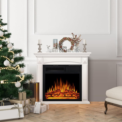 27  Electric Fireplace Mantel Wooden Surround Firebox, TV Stand with Freestandin