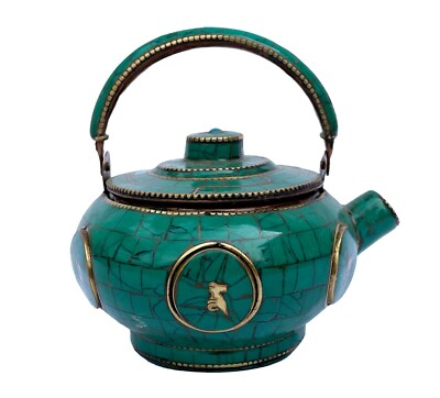 Tibetan Turquoise Stone Mosaic Tea Pot Kettle Water Copper Vessel Buddhist Nepal