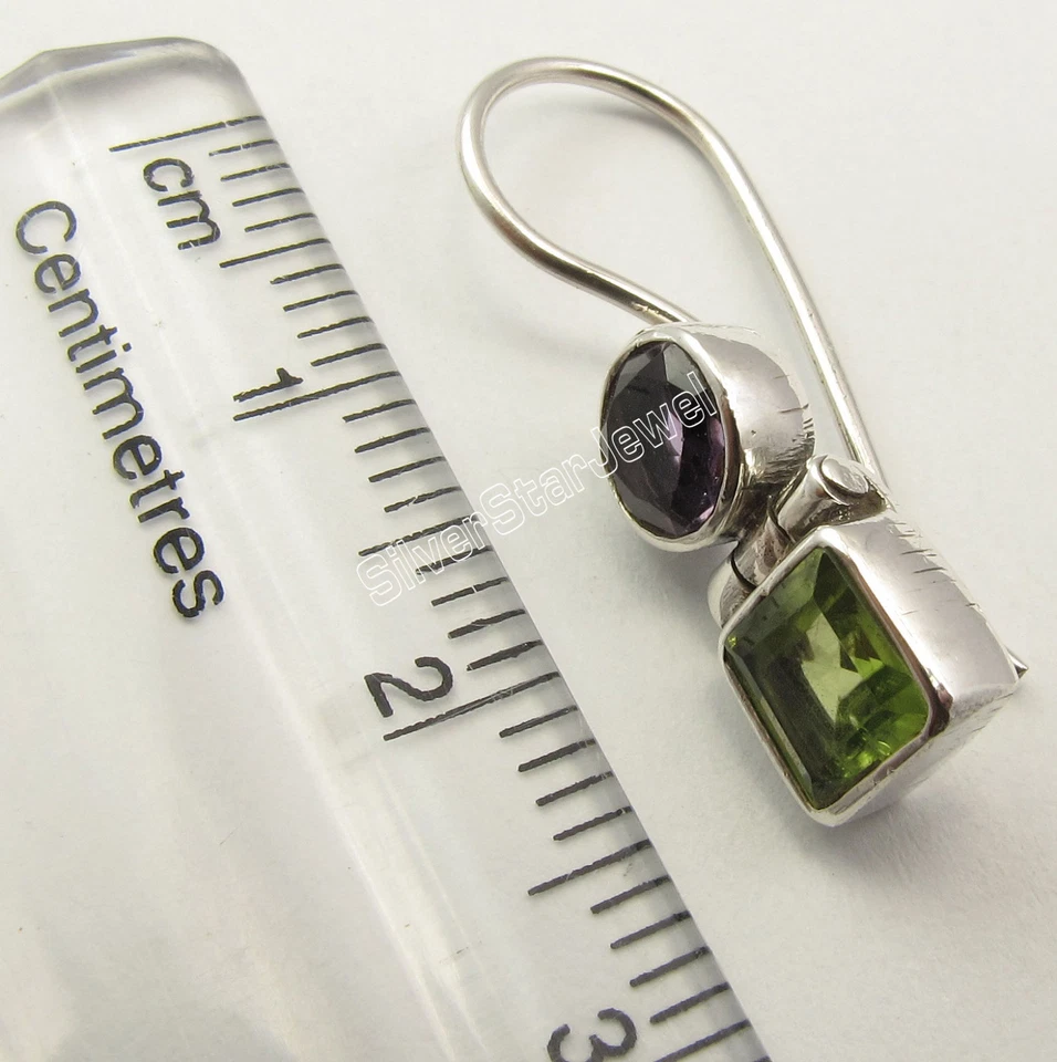 BEST OFFER | 925 Silver Genuine AMETHYST & PERIDOT Earrings 1 inches GEMSTONE - Image 3 of 3