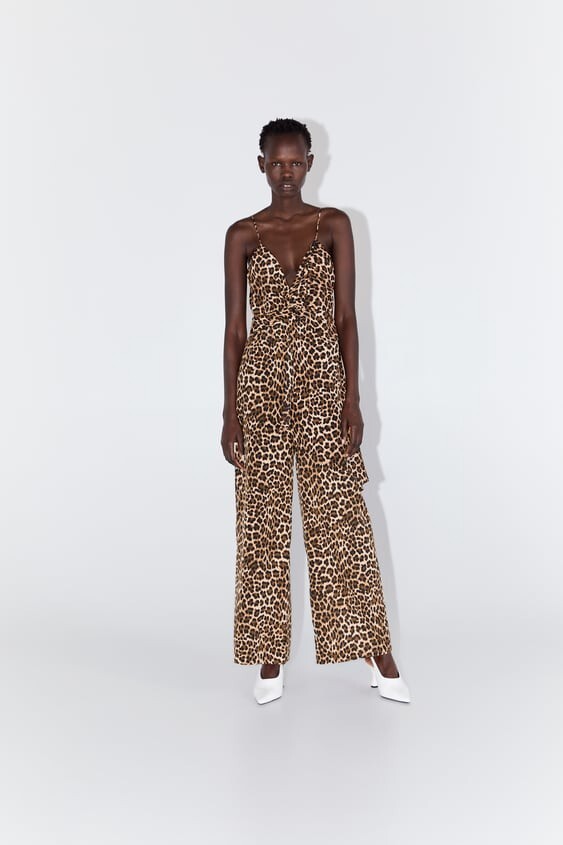 ZARA LEOPARD ANIMAL PRINT WIDE LEG SLEEVELESS JUMPSUIT FRONT KNOT