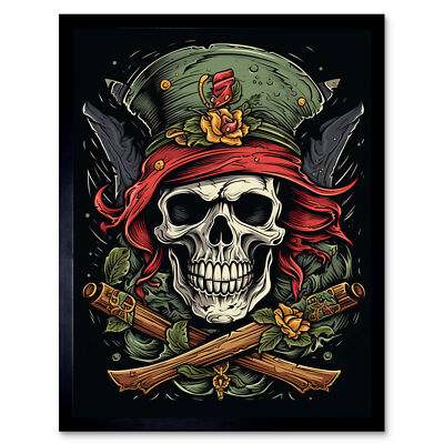 Pirate Skull Hat Old School Tattoo Rockabilly 50s Framed Art Picture