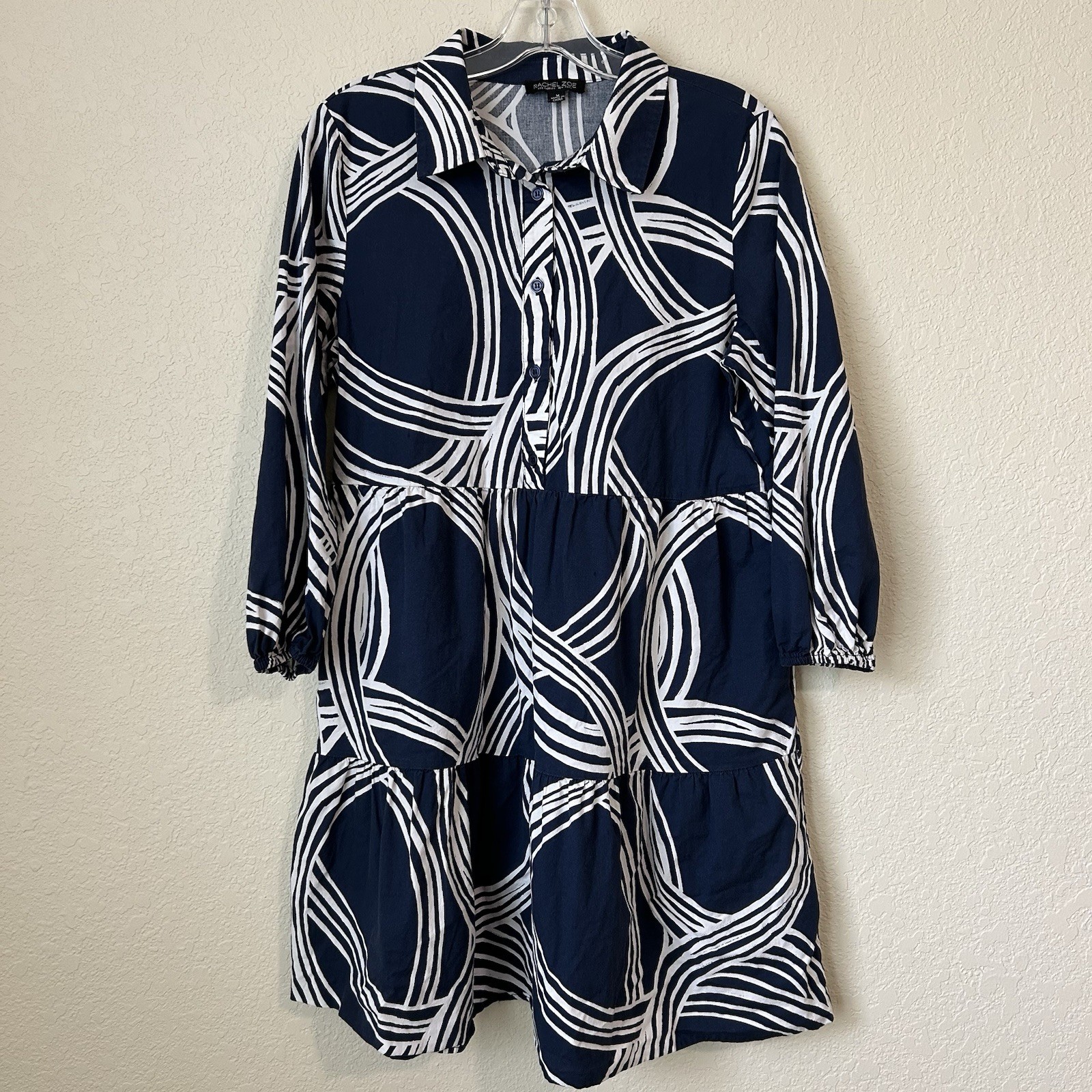 Rachel Zoe Women's Navy & White Midi Shirt Dress With Pockets Size M