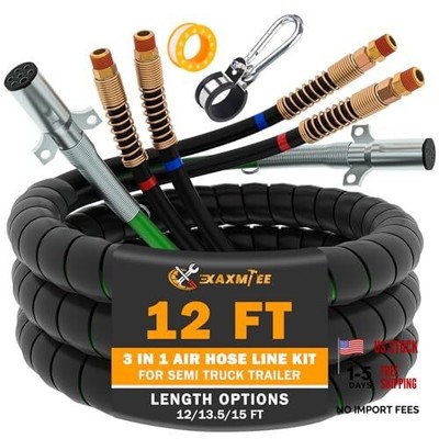 12FT Semi Truck Air Lines Kit 3IN1 Trailer Cord and Air Brake Hoses 12 FT