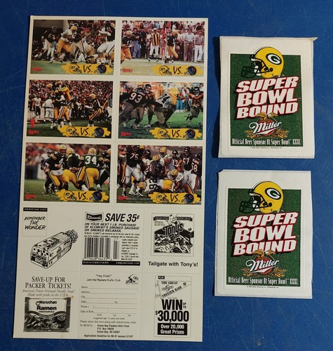 Rare 1996 Packers vs Bears Uncut Sheet + (2) Miller's Super Bowl XXXI Stickers