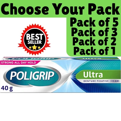 Poligrip Denture Adhesive Cream False Teeth and Partials Fixative Ultra 40 g UK