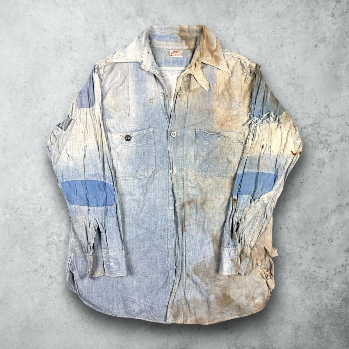 Vintage 1910s 20s Antique JC Penney Chambray Chin Strap Work Shirt