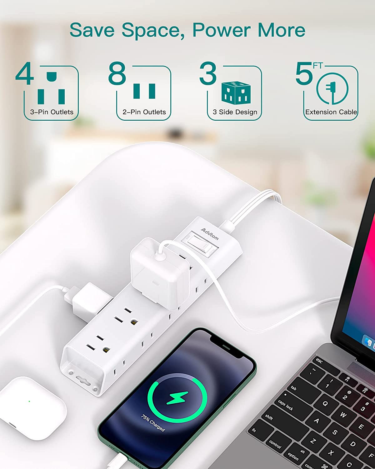 Flat Plug Power Strip, Ultra Thin Flat Extension Cord -  12 Widely AC 3 Sides Mu
