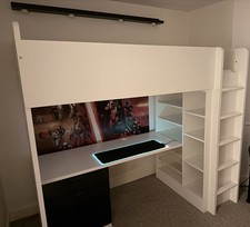 ! White Bunk Bed with EXTRAS, Black Upper Shelving with lights and table matt !
