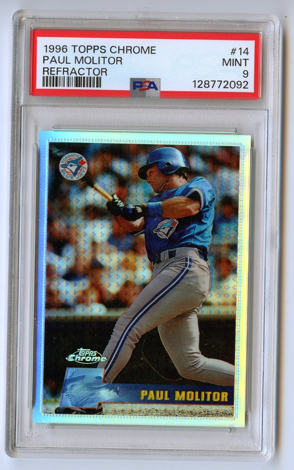 II222 PAUL MOLITOR 1996 TOPPS CHROME REFRACTOR PSA 9 #14 BLUE JAYS RARE SP