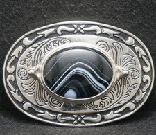 WK23156 NOS VINTAGE 1970s BLACK WHITE STONE ARTWORK FASHION BELT BUCKLE