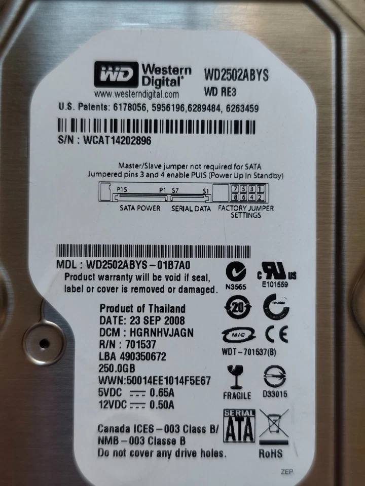 Western Digital WD2502ABYS -01B7A0 250GB 3,5" HDD Festplatte 7200rpm 16MB - Bild 2 von 4