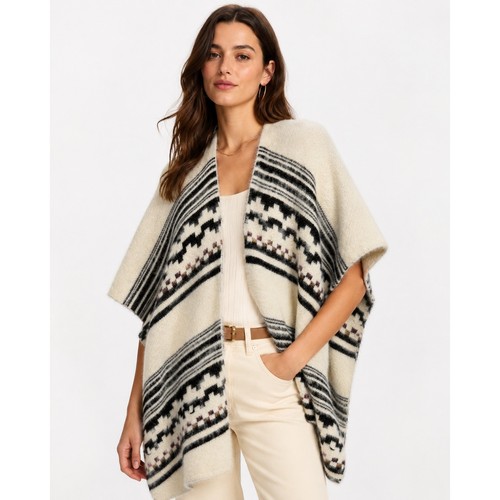 Akemi + Kin Anthropologie Southwestern Open Front Poncho Wrap Cream Black OS