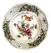 Carl Schumann CS Bavaria Reticulated Porcelain Bowl 8.5"W Dresden Flowers 1940s