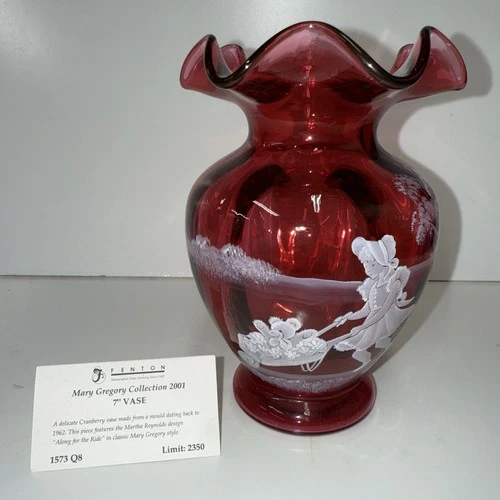 Fenton Cranberry Glass Hand Painted Vase Mary Gregory Girl Pushing Wheelbarrow