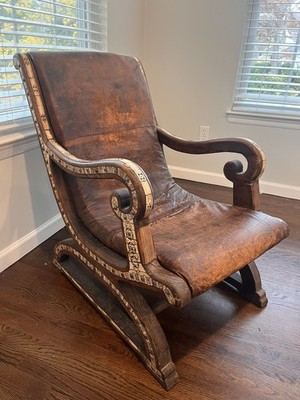Antique Moroccan Leather Chair Solid Wood Camel Bone Inlay Handmade One of Kind