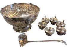 Vintage Silver Plate Punch Bowl Set Ornate Design with Cups and Ladle