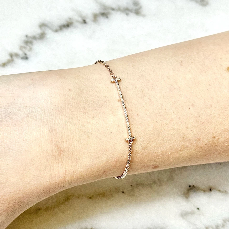 Brazalete Barra Diamante 14K - Brazalete Diamante Oro Rosa 14K - Brazalete Cadena Oro Foto 2 de 4