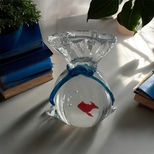Vintage Murano Style Art Glass Gold Fish in a Bag with Blue Ribbon Paperweight