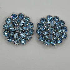 Vintage Weiss Blue Rhinestone Clip-On Earrings Round Cluster Signed