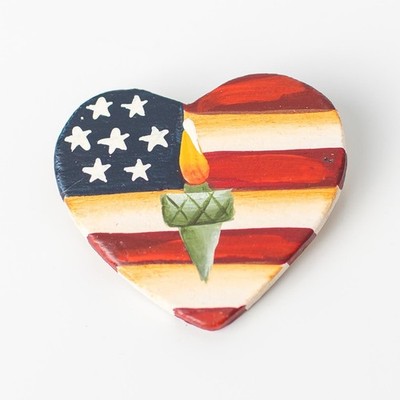 Hand Painted 9/11/2001 Patriotic Heart Pin Brooch USA Flag Torch Signed IR