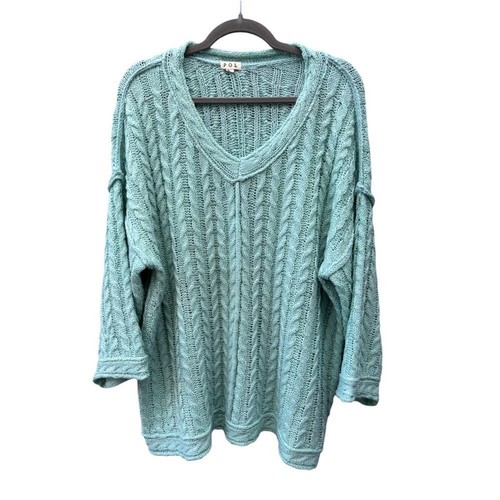 POL Women’s L Oversized Boxy Blue/Green 3/4 Sleeve Chunky V Neck Knit Sweater - Picture 3 of 10