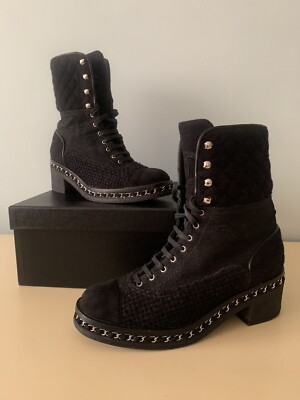 Chanel Combat Black Quilted Tweed Chain Link Sole Boot size 10