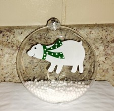  CLEAR GLASS BLOWN CHRISTMAS ORNAMENT  HAND PAINTED POLAR BEAR WITH SNOW 