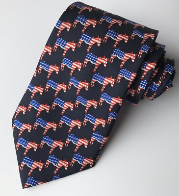  VOTE Democrat donkey 100% SILK Tie Red White Blue Flag on Black Election NWT