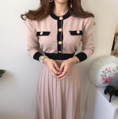 Women's Fashion Round Neck Two Tone Long Sleeves Knitted Pleated Dress