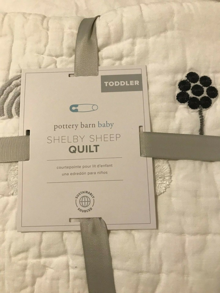 pottery barn Shelby Sheep crib Toddler quilt pom pom black white kids