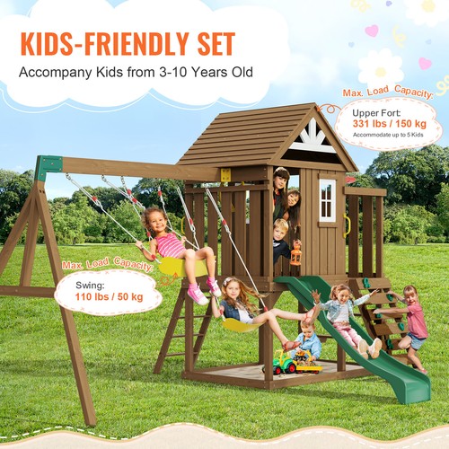 VEVOR Wooden Swing Set 9 IN 1 Outdoor Playground Sets 6 FT Slide Upper Fort - Picture 3 of 12