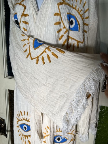 Hand Painted Bodho Evil Eye Kimono Robe Beachwear Bathrobe Boho Festival VTG OS - Picture 13 of 15